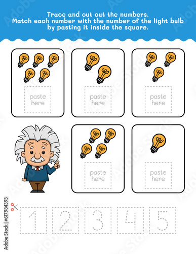 One to Five Number And Word Tracing Worksheet. Cut And Paste Worksheet With Lighbulb Pictures. Premium Vector Element.