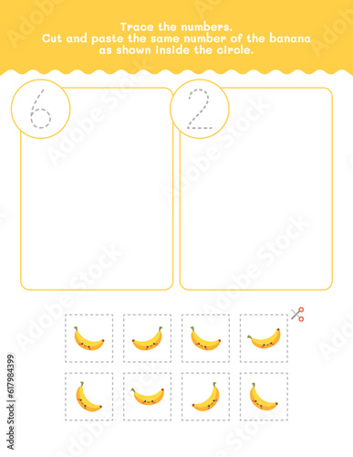 Six And Two Counting And Tracing Number Worksheet. Cut And Paste Worksheet With Pictures. Premium Vector Element.