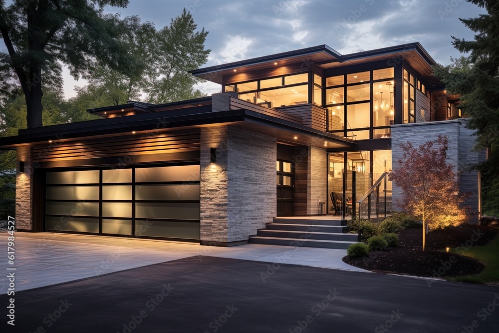 Sleek Architecture and Natural Stone Accents Define This Artful Recently Constructed Residence with a Two-Car Garage, generative AI Sleek Architecture and Natural Stone Accents Define This Artful Recently Constructed Residence with a Two-Car Garage, generative AI