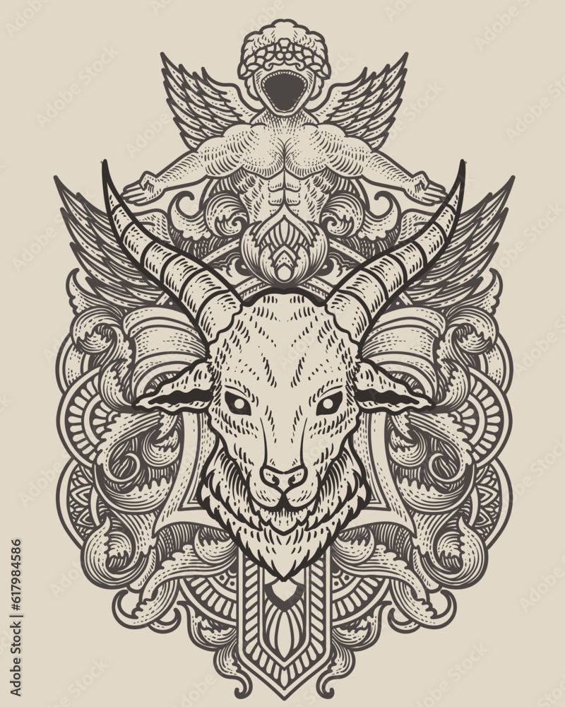 Fototapeta premium Goat head with antique engraving ornament background