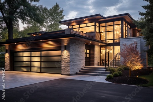 Sleek Architecture and Natural Stone Accents Define This Artful Recently Constructed Residence with a Two-Car Garage, generative AI