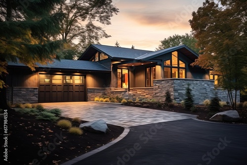 Sleek Architecture and Natural Stone Details Define This Artful, Recently Constructed Residence with a Two-Car Garage and Dark Green Siding, generative AI