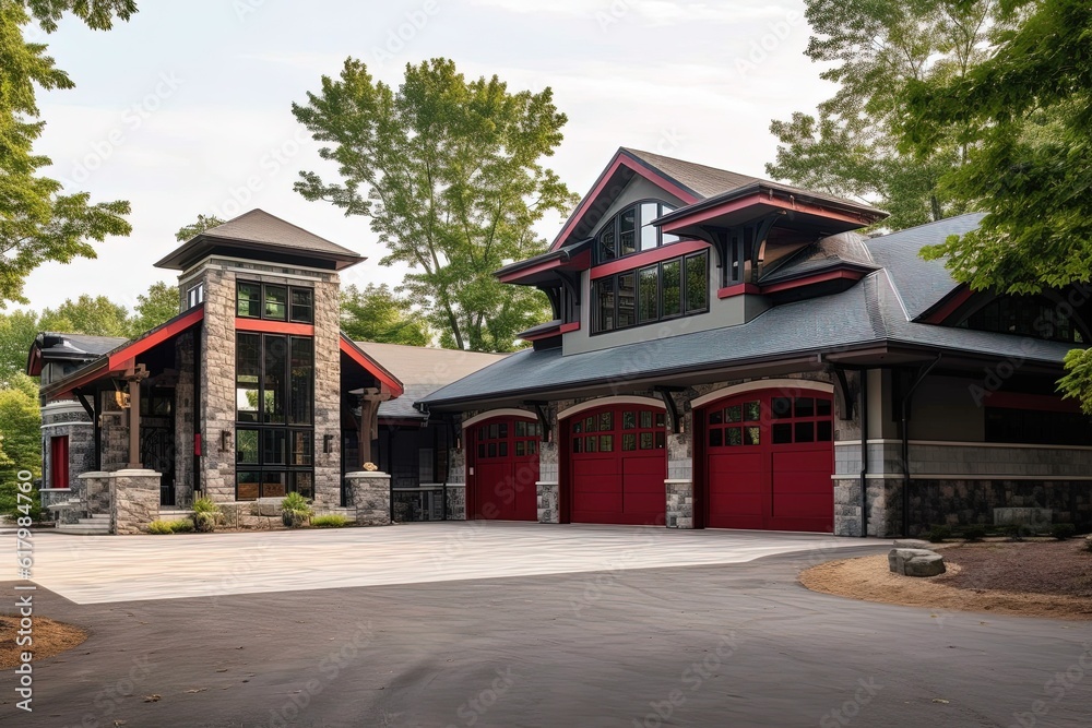 Avant-Garde Aesthetic and Distinctive Design: New Property with Three-Car Garage, Red Siding, and Natural Stone Pillars, generative AI