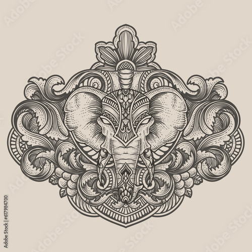 Elephant head tribal style with antique engraving ornament