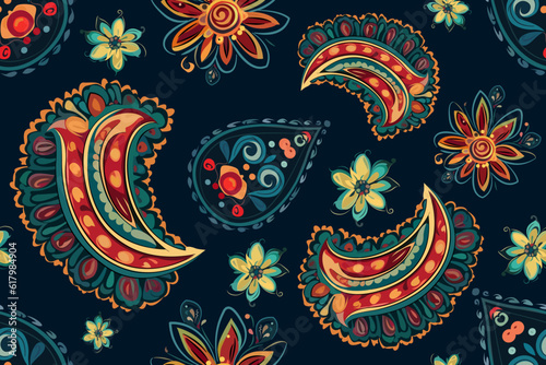 Paisley ethnic pattern design. floral pattern with paisley and indian flower motifs. damask style texture fabric for textil and decoration