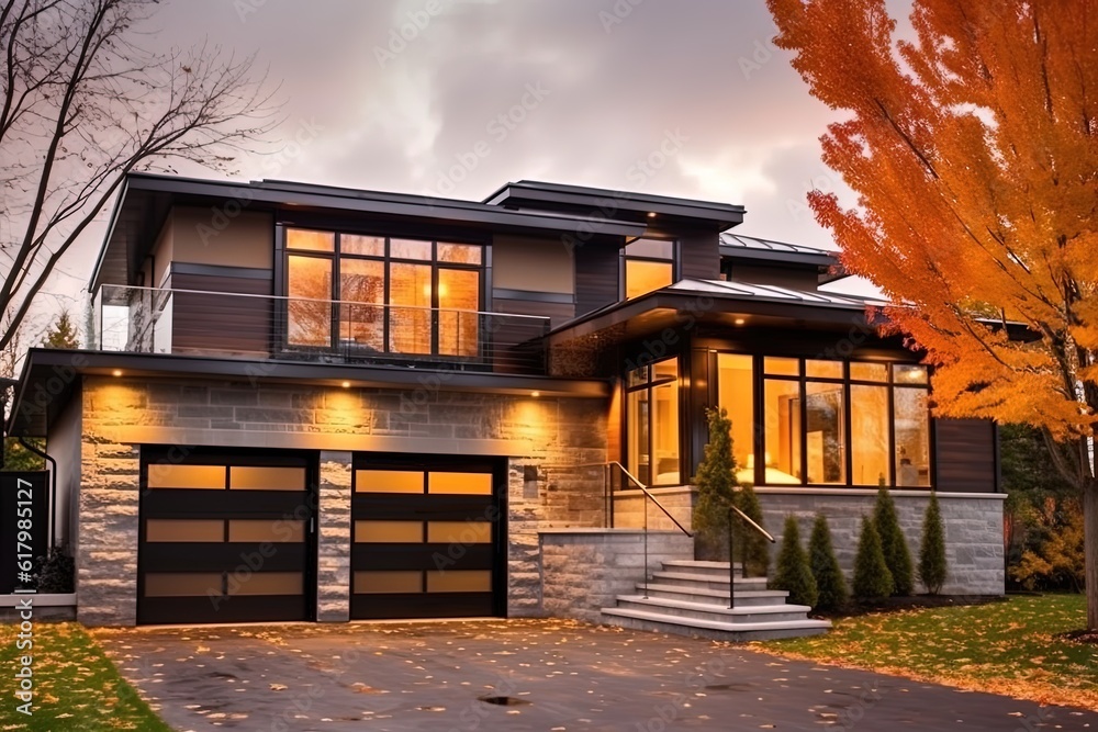 Fototapeta premium Eclectic Double Garage Residence: Sleek Styling with Bronze Siding and Natural Stone Elements, generative AI