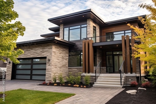 Sleek Styling and Natural Stone Accents Define this Eclectic Residence with Double Garage and Brown Siding, generative AI