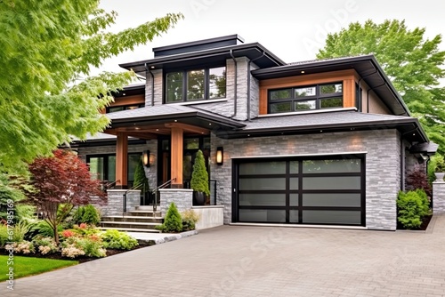 Double Garage and Eclectic Styling: A Modern Home with Sleek Design and Light Gray Siding, Featuring Natural Stone Elements, generative AI