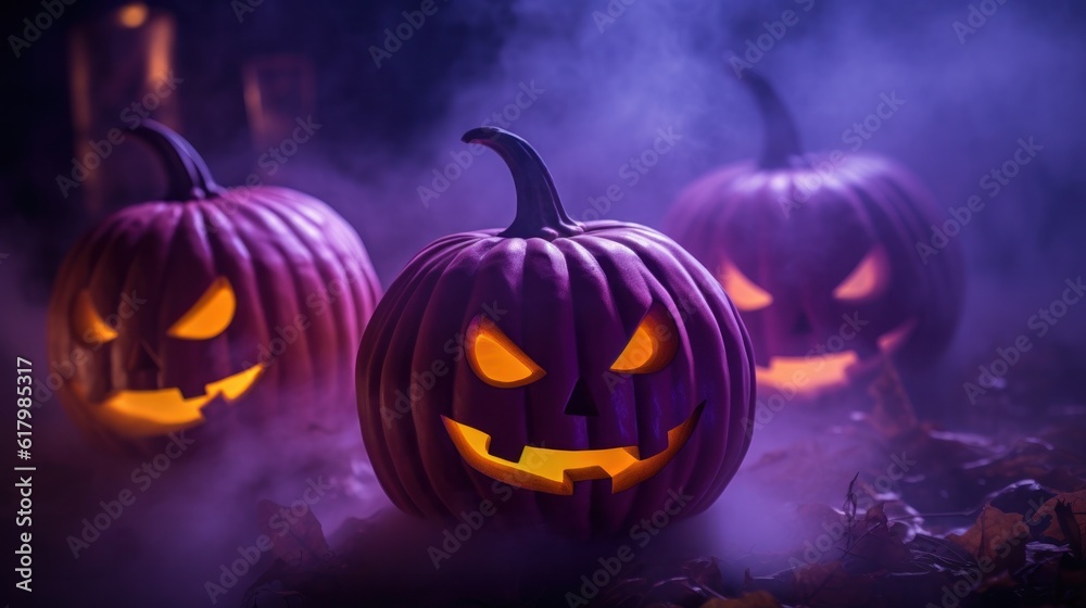 Naklejka premium An eerie Jack-o-lanterns background, surrounded by swirling mist, halloween pumpkin lantern on purple background.