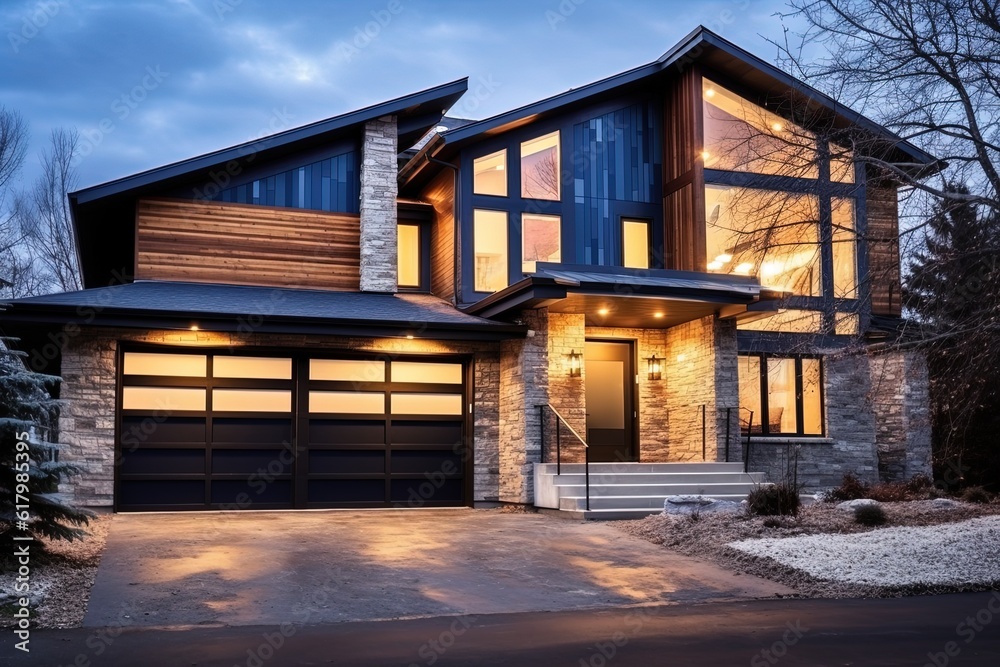 Eclectic Sleek Styling: Double Garage and Dark Blue Siding with Natural Stone Elements, generative AI