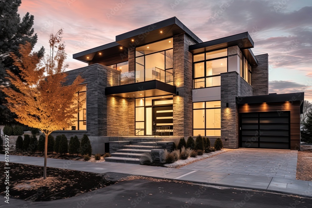 Cutting-Edge Architecture and Edgy Fresh Development Property with Three-Car Garage, Coral Siding, and Natural Stone Accents, generative AI