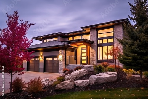 Double Garage & Natural Stone Elements: Sleek Styling in Eclectic, Recently Built Residence with Purple Siding, generative AI