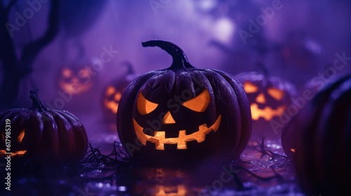 An eerie Jack-o-lanterns background, surrounded by swirling mist, halloween pumpkin lantern on purple background. photo
