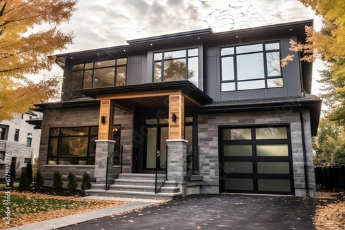 Stylish and Eclectic Residence with Double Garage, Dark Gray Siding, and Natural Stone Elements, generative AI