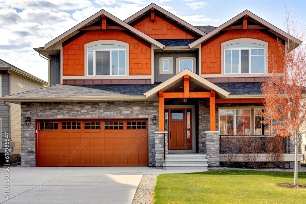 Double Garage and Orange Siding: Innovative Styling in an Exemplary Fresh Construction Dwelling with a Natural Stone Porch, generative AI Double Garage and Orange Siding: Innovative Styling in an Exemplary Fresh Construction Dwelling with a Natural Stone Porch, generative AI