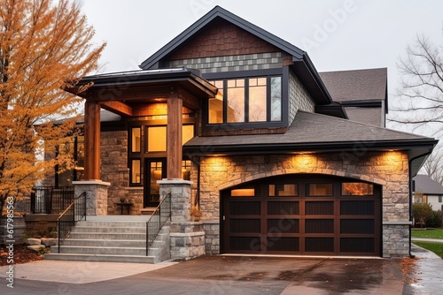 Exquisite Double Garage Dwelling with Innovative Styling: Fresh Construction, Bronze Siding, and Natural Stone Porch, generative AI