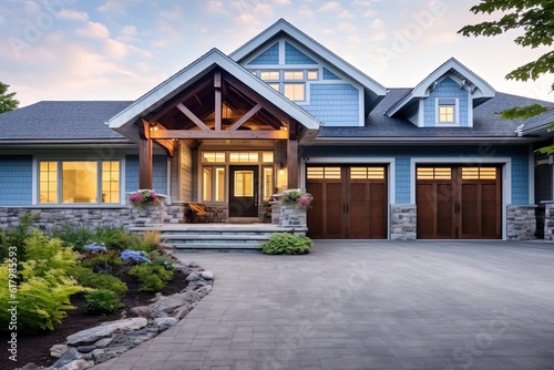 Double Garage  Exemplary Fresh Construction Dwelling with Innovative Styling and Light Blue Siding  Explore the Natural Stone Porch   generative AI