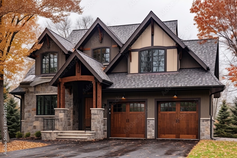 Double Garage, Exemplary Fresh Construction Dwelling with Bronze Siding and Natural Stone Porch: Innovative Styling Unveiled, generative AI
