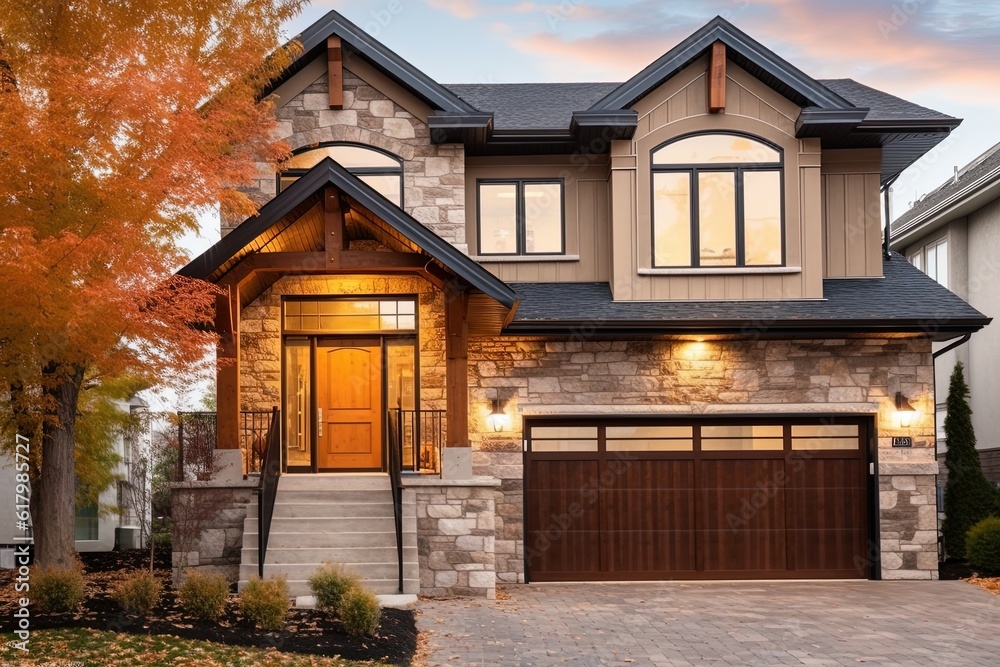 Exemplary Fresh Construction Dwelling: Innovative Styling with Double Garage, Beige Siding, and Natural Stone Porch, generative AI Exemplary Fresh Construction Dwelling: Innovative Styling with Double Garage, Beige Siding, and Natural Stone Porch, generative AI