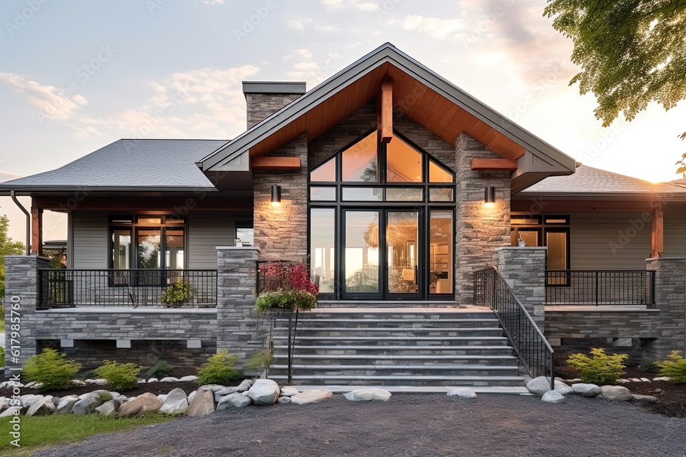 Double Garage, Coral Siding, Natural Stone Porch: An Exemplary Fresh Construction Dwelling with Innovative Styling, generative AI