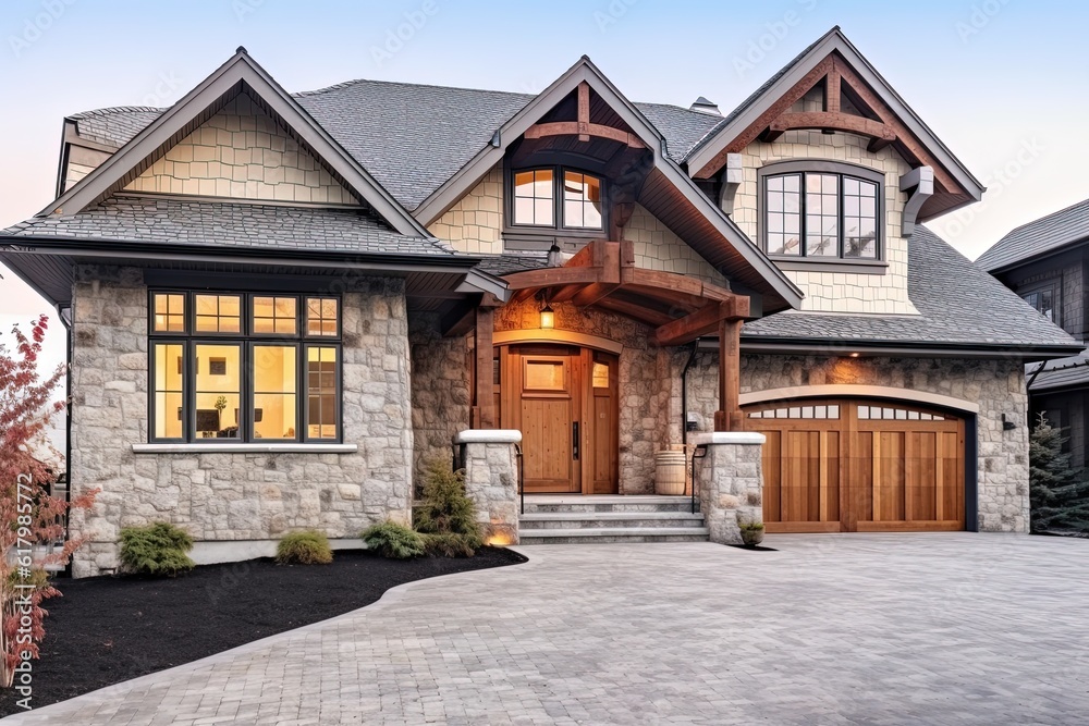 Beige Siding & Natural Stone Porch: Exemplary Fresh Construction Dwelling with Innovative Styling & Double Garage, generative AI Beige Siding & Natural Stone Porch: Exemplary Fresh Construction Dwelling with Innovative Styling & Double Garage, generative AI