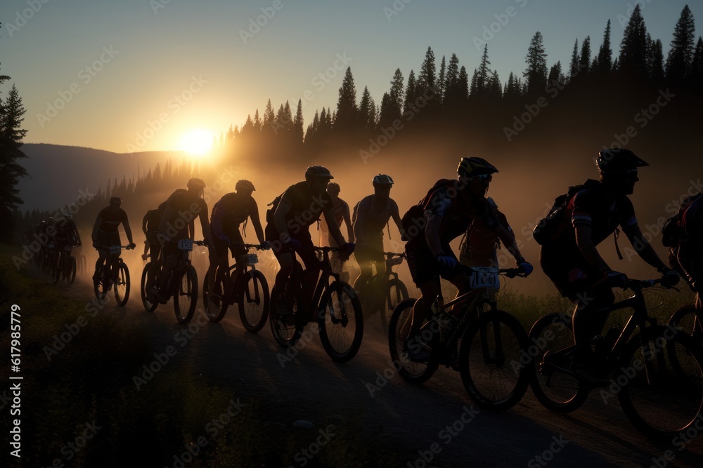 A cyclists races at sunset in difficult cross-country conditions . Generative AI A cyclists races at sunset in difficult cross-country conditions . Generative AI