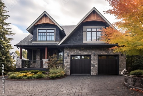 Innovative Styling Shines at This Exemplary Fresh Construction Dwelling with Double Garage and Dark Gray Siding on a Natural Stone Porch, generative AI