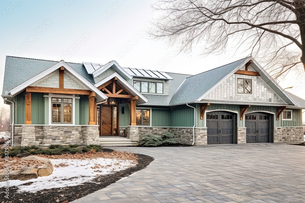 Cutting-Edge Design: Eye-Catching New Development Property with Three-Car Garage, Light Green Siding, and Natural Stone Features, generative AI Cutting-Edge Design: Eye-Catching New Development Property with Three-Car Garage, Light Green Siding, and Natural Stone Features, generative AI