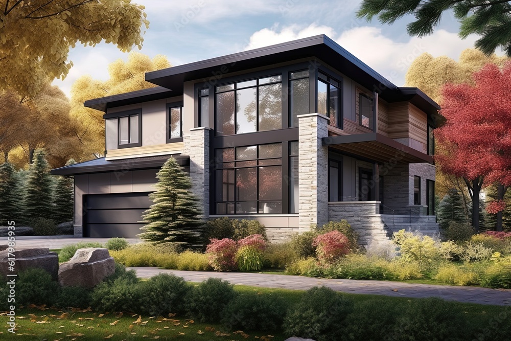 Cutting-Edge Design and Purple Siding: Eye-Catching New Development Property with Three-Car Garage and Natural Stone Features, generative AI Cutting-Edge Design and Purple Siding: Eye-Catching New Development Property with Three-Car Garage and Natural Stone Features, generative AI