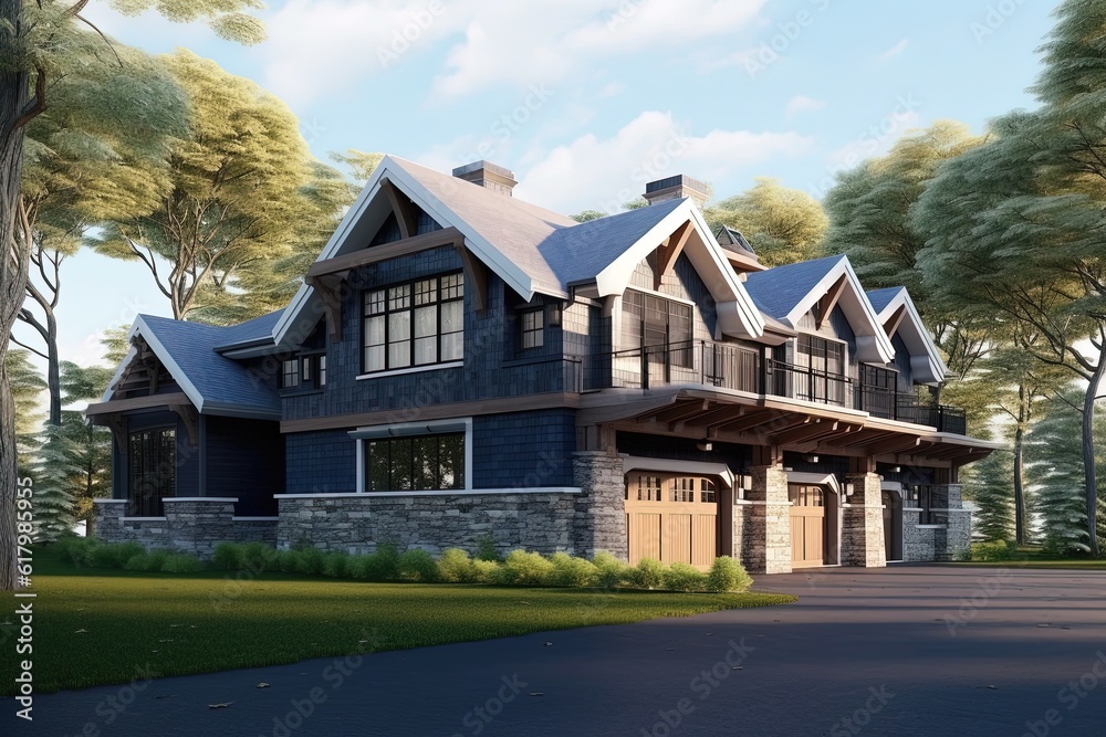 Cutting-Edge Design: Eye-Catching New Development Property with Three-Car Garage, Dark Blue Siding, and Natural Stone Features, generative AI Cutting-Edge Design: Eye-Catching New Development Property with Three-Car Garage, Dark Blue Siding, and Natural Stone Features, generative AI