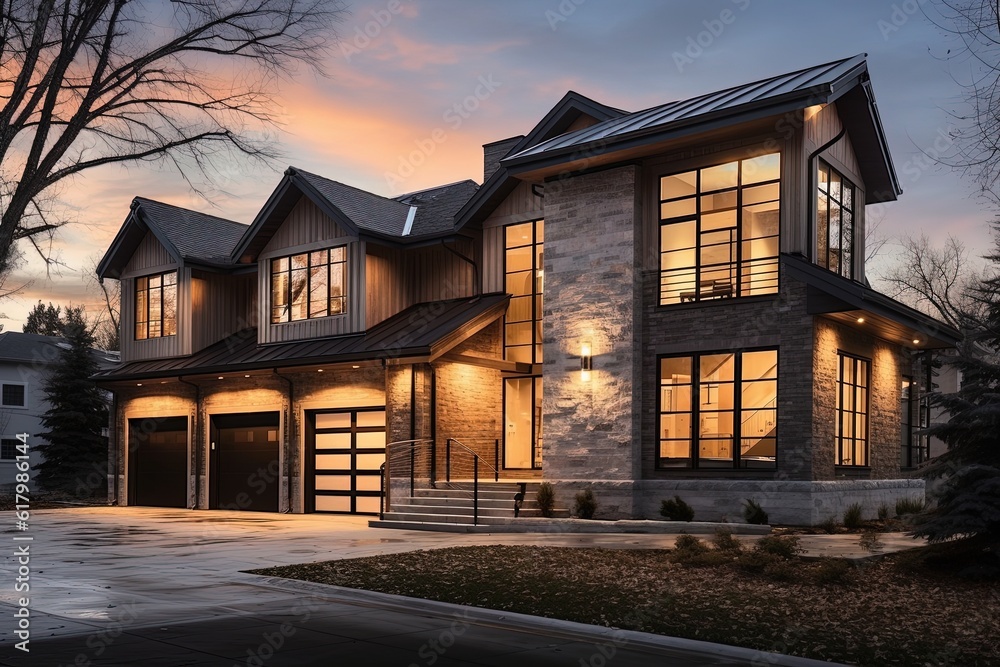 Cutting-Edge Design: Eye-Catching New Development Property with Three-Car Garage, Light Gray Siding, and Natural Stone Features, generative AI Cutting-Edge Design: Eye-Catching New Development Property with Three-Car Garage, Light Gray Siding, and Natural Stone Features, generative AI