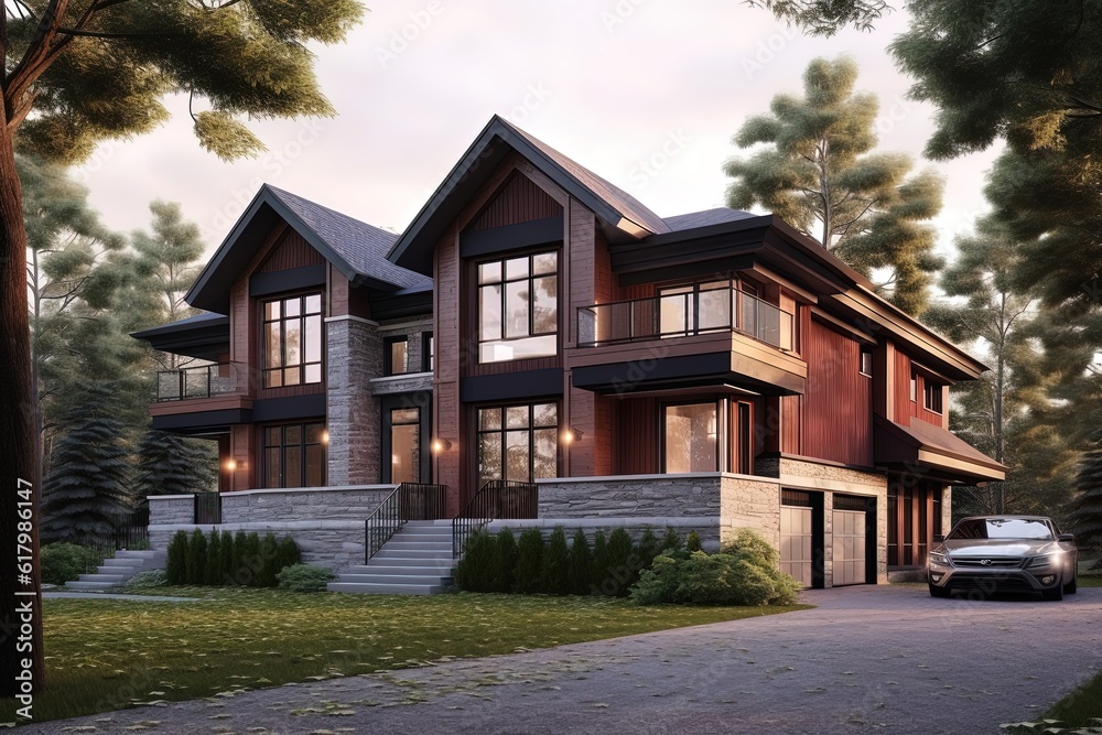 Cutting-Edge Design: Eye-Catching New Development Property with Three-Car Garage, Burgundy Siding, and Natural Stone Features, generative AI Cutting-Edge Design: Eye-Catching New Development Property with Three-Car Garage, Burgundy Siding, and Natural Stone Features, generative AI