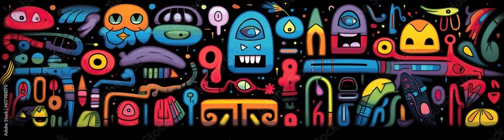 doodle a collection of colorful signs, in the style of distorted figures and forms, cartoon black background doodle a collection of colorful signs, in the style of distorted figures and forms, cartoon black background
