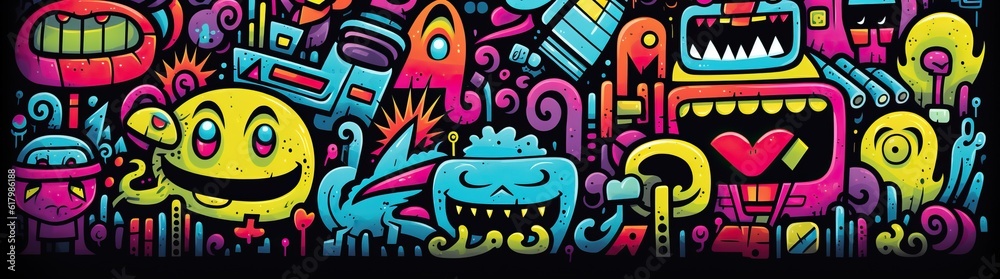 doodle a collection of colorful signs, in the style of distorted figures and forms, cartoon black background doodle a collection of colorful signs, in the style of distorted figures and forms, cartoon black background