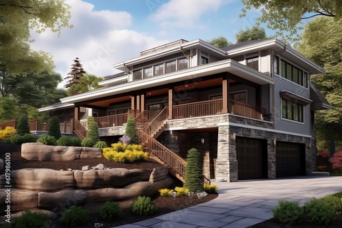 Cutting-Edge Design: Eye-Catching New Development Property with Three-Car Garage, Orange Siding, and Natural Stone Features, generative AI © Michael