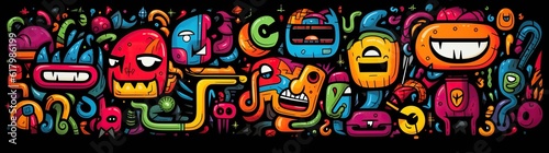 doodle a collection of colorful signs, in the style of distorted figures and forms, cartoon black background