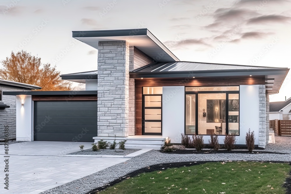 Contemporary Layout and Inspirational Design: A New Build House with Single Car Garage, White Siding, and Natural Stone Cladding, generative AI