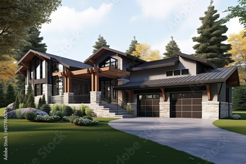 Cutting-edge Design and Eye-Catching Features: A Dark Green Siding Property with Three-Car Garage and Natural Stone Accents, generative AI © Michael