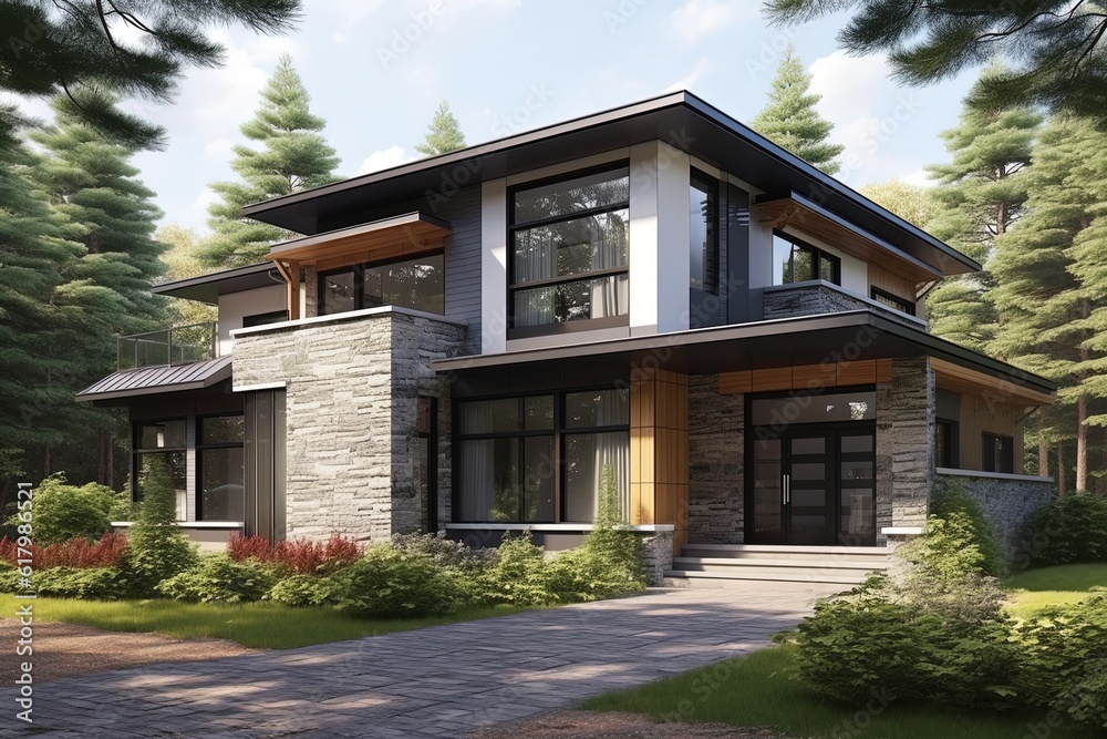 Contemporary New Build House: Inspiring Design with Single Car Garage, Dark Green Siding, and Natural Stone Cladding, generative AI Contemporary New Build House: Inspiring Design with Single Car Garage, Dark Green Siding, and Natural Stone Cladding, generative AI