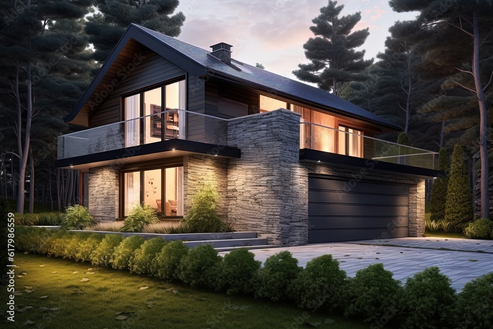 custom made wallpaper toronto digitalContemporary Layout with Single Car Garage: An Inspirational New Build House with Green Siding and Natural Stone Cladding, generative AI