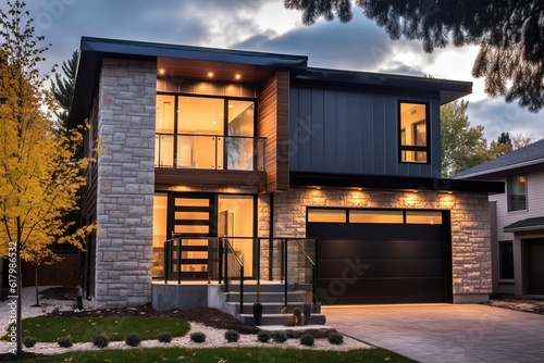 Contemporary Layout: Inspirational New Build House with Single Car Garage, Navy Blue Siding, and Natural Stone Cladding, generative AI