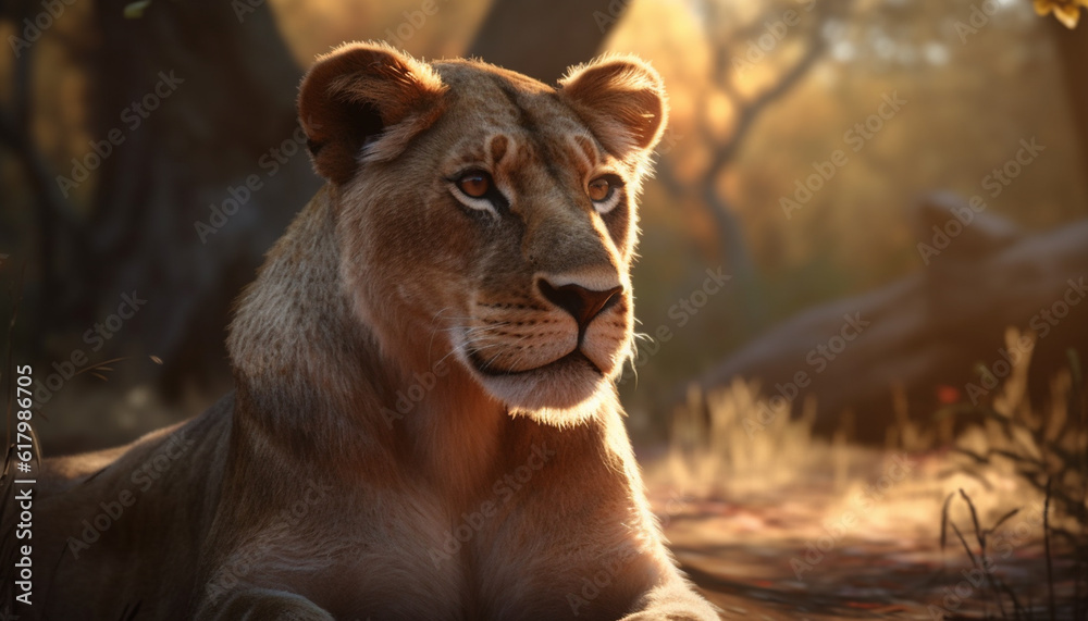 Naklejka premium Majestic lioness resting in the wilderness, alertness in her eyes generated by AI
