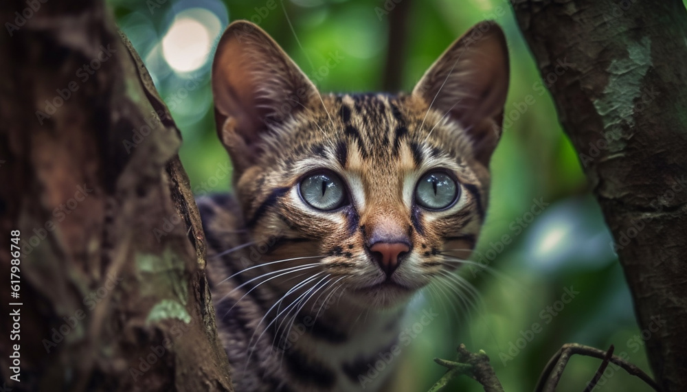 Cute kitten staring with curiosity at camera in natural beauty generated by AI