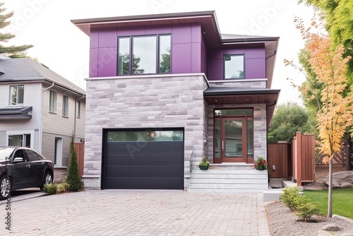 Contemporary Layout and Inspirational Design: A Unique New Build House with Single Car Garage, Purple Siding, and Natural Stone Cladding, generative AI