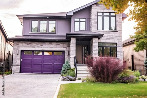 Retro-inspired New House with Contemporary Features and Single Car Garage: Natural Stone Facade and Striking Purple Siding, generative AI © Michael