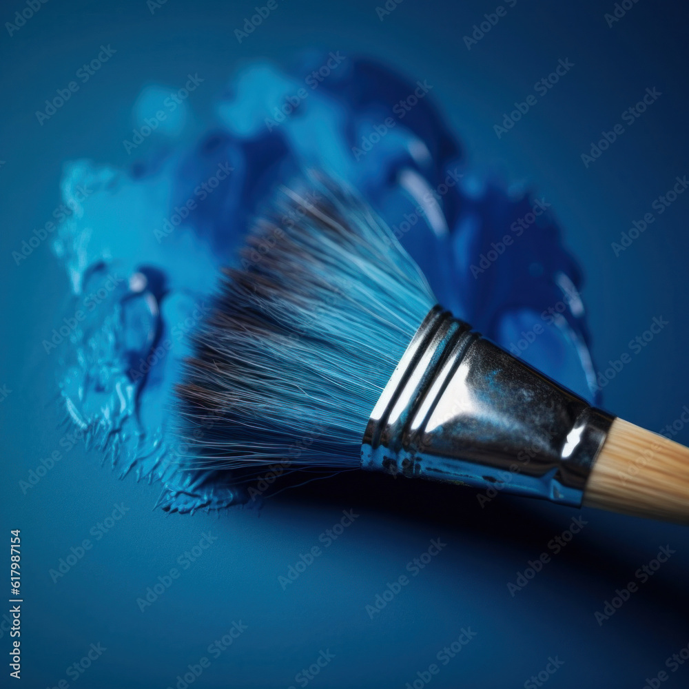 Fototapeta premium Paint brush with blue paint on blue background. Generative AI