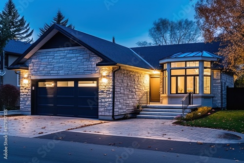 Contemporary Features in a Retro-Inspired New House: Single Car Garage, Light Blue Siding, and Natural Stone Facade, generative AI