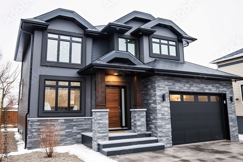 Double Garage & Dark Gray Siding: Visionary New House with Innovative Aesthetic and Natural Stone Embellishments, generative AI