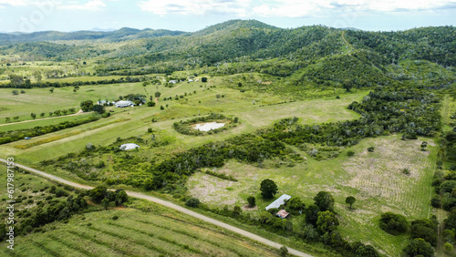 Aerial view of farm land near Calliope with dam and farm  Queensland  Australia.