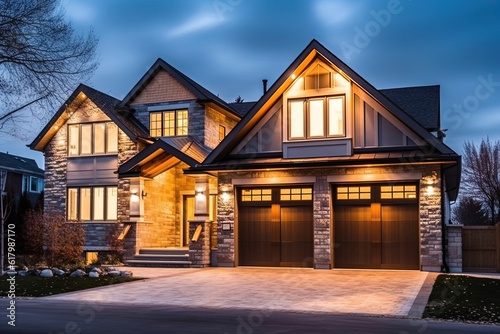 Visionary and Innovative: Embrace the Aesthetic of a Brand New House with Double Garage, Beige Siding, and Natural Stone Embellishments, generative AI